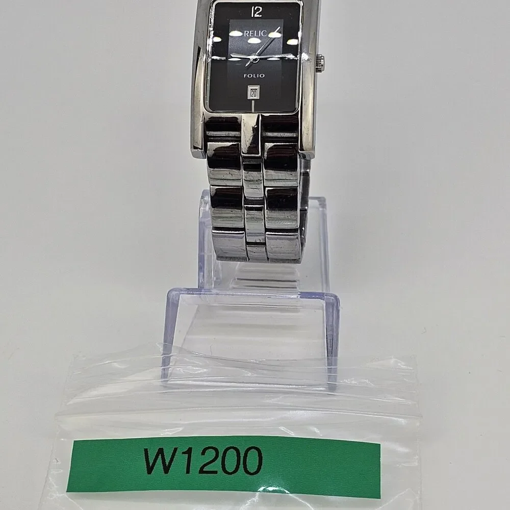 Relic‎ Tank Watch Men 27mm ZR77044 Silver Tone Black Dial Date New Battery 7.5